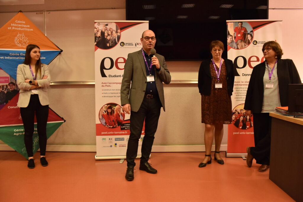 Journée de l'entrepreneuriat 2023 avec Christophe SCHMIDT, Responsable du PeeL, Annie Dary-Mourot, Directrice de l'IUT Nancy-Brabois, Flora Todesco et Laurence Canteri
